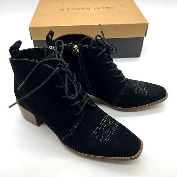 Kelsi Dagger Brooklyn Suede Lace Up Ankle Boot Womens Black Heel Size 6.5 M - Picture 1 of 10